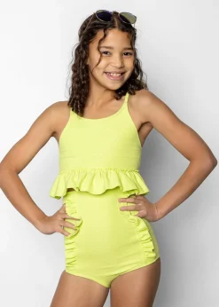 Kortni Jeane Waffled Glow Green | Youth Down in Front Ruffle Bottoms WaffledGlowGreen Sale